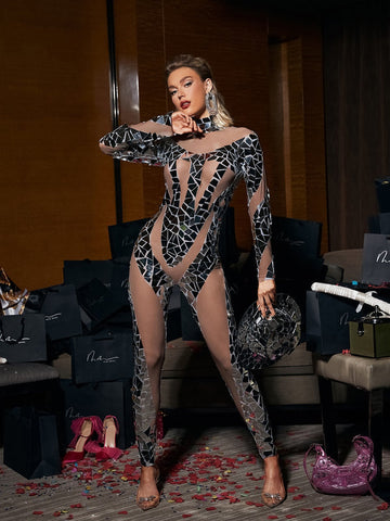 Clayton Long Sleeve Acrylic Embellished Mesh Jumpsuit Clayton Long Sleeve Acrylic Embellished Mesh Jumpsuit
