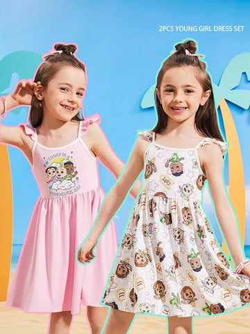 2pcs/Set Young Girls Cartoon Character Print Cute & Sweet Spaghetti Strap Dress 2pcs/Set Young Girls Cartoon Character Print Cute & Sweet Spaghetti Strap Dress