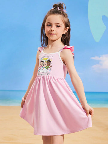 2pcs/Set Young Girls Cartoon Character Print Cute & Sweet Spaghetti Strap Dress 2pcs/Set Young Girls Cartoon Character Print Cute & Sweet Spaghetti Strap Dress