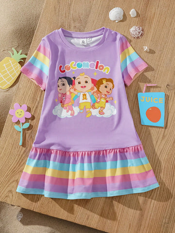 Young Girl Cartoon Print Striped Casual Cute Short Sleeve A-Line Dress Young Girl Cartoon Print Striped Casual Cute Short Sleeve A-Line Dress