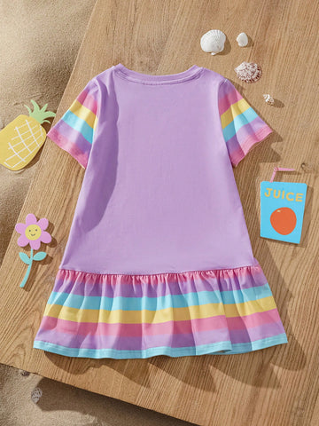 Young Girl Cartoon Print Striped Casual Cute Short Sleeve A-Line Dress Young Girl Cartoon Print Striped Casual Cute Short Sleeve A-Line Dress