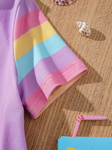 Young Girl Cartoon Print Striped Casual Cute Short Sleeve A-Line Dress Young Girl Cartoon Print Striped Casual Cute Short Sleeve A-Line Dress