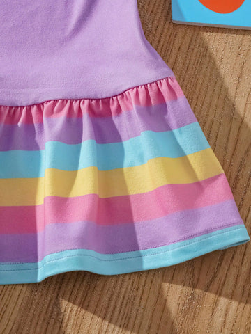 Young Girl Cartoon Print Striped Casual Cute Short Sleeve A-Line Dress Young Girl Cartoon Print Striped Casual Cute Short Sleeve A-Line Dress