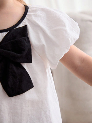Cozy Cub Girls' Casual Cute White Princess Style Bow Soft & Comfy Contrast Color Short Sleeve Round Neck Blouse For Christening, Birthday Party, School, Casual Occasions Cozy Cub Girls' Casual Cute White Princess Style Bow Soft & Comfy Contrast Color Short Sleeve Round Neck Blouse For Christening, Birthday Party, School, Casual Occasions