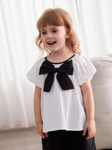 Cozy Cub Girls' Casual Cute White Princess Style Bow Soft & Comfy Contrast Color Short Sleeve Round Neck Blouse For Christening, Birthday Party, School, Casual Occasions Cozy Cub Girls' Casual Cute White Princess Style Bow Soft & Comfy Contrast Color Short Sleeve Round Neck Blouse For Christening, Birthday Party, School, Casual Occasions