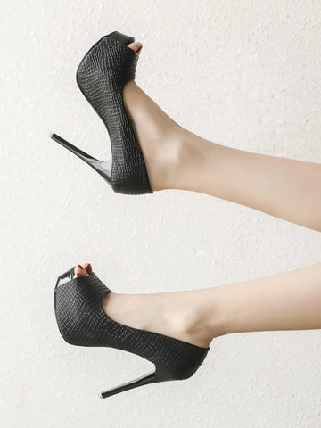 Crocodile Embossed Platform Peep Toe Stiletto Heeled Court Pumps Crocodile Embossed Platform Peep Toe Stiletto Heeled Court Pumps