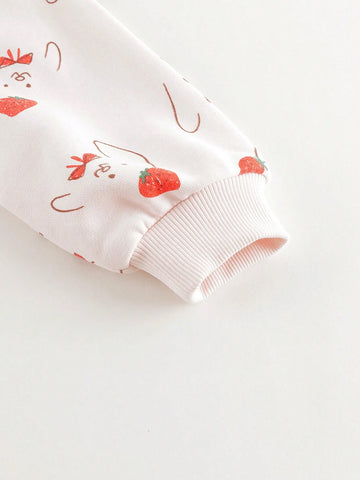 Cute Rabbit All-Over Print Peter Pan Collar Long Sleeve Dress For Young Girls, Autumn Cute Rabbit All-Over Print Peter Pan Collar Long Sleeve Dress For Young Girls, Autumn