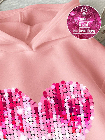 Cute Sequin Heart Pattern Pink Hoodie, Loose Fit Casual Daily Comfy Thick Sweatshirt For Young Girls, Suitable For Autumn & Winter Cute Sequin Heart Pattern Pink Hoodie, Loose Fit Casual Daily Comfy Thick Sweatshirt For Young Girls, Suitable For Autumn & Winter