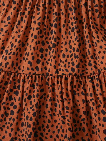Cute Young Girl Dalmatian Print Flounce Sleeve Ruffle Hem Dress,Comfortable & Versatile ,School, Home, Vacation Cute Young Girl Dalmatian Print Flounce Sleeve Ruffle Hem Dress,Comfortable & Versatile ,School, Home, Vacation