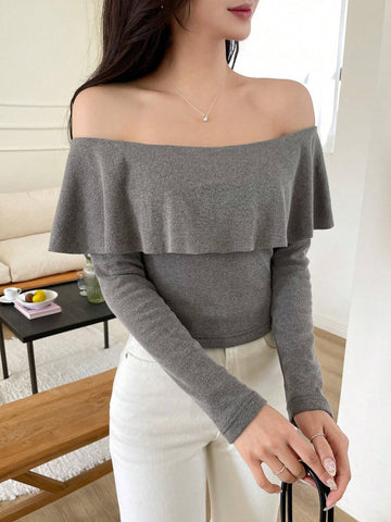 1pc Women Off The Shoulder Ruffled Solid Color Thickened Long Sleeve T-Shirt 1pc Women Off The Shoulder Ruffled Solid Color Thickened Long Sleeve T-Shirt
