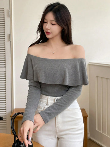 1pc Women Off The Shoulder Ruffled Solid Color Thickened Long Sleeve T-Shirt 1pc Women Off The Shoulder Ruffled Solid Color Thickened Long Sleeve T-Shirt