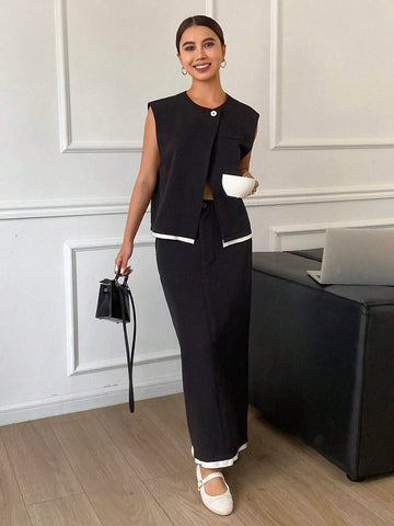 DAZY 2 Pcs Women's Contrast Trim Button Front Sleeveless Top And Skirt Set DAZY 2 Pcs Women's Contrast Trim Button Front Sleeveless Top And Skirt Set