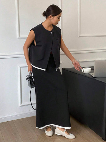 DAZY 2 Pcs Women's Contrast Trim Button Front Sleeveless Top And Skirt Set DAZY 2 Pcs Women's Contrast Trim Button Front Sleeveless Top And Skirt Set