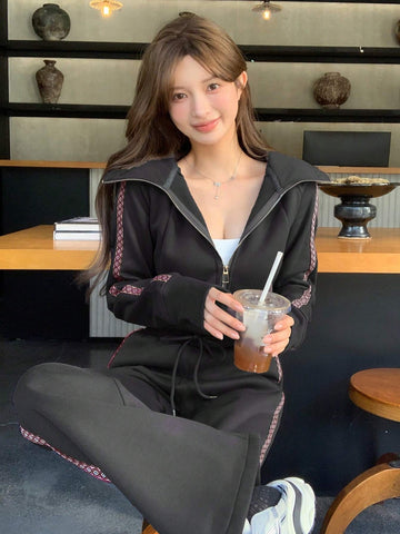 DAZY 2pcs/Set Women Casual Contrast Color Patchwork Ribbon Zipper Long Sleeve Top And Pants Set DAZY 2pcs/Set Women Casual Contrast Color Patchwork Ribbon Zipper Long Sleeve Top And Pants Set