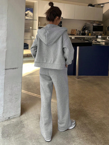 DAZY 2pcs Solid Color Loose Fit Sweatshirt And Wide Leg Pants Set For Women DAZY 2pcs Solid Color Loose Fit Sweatshirt And Wide Leg Pants Set For Women