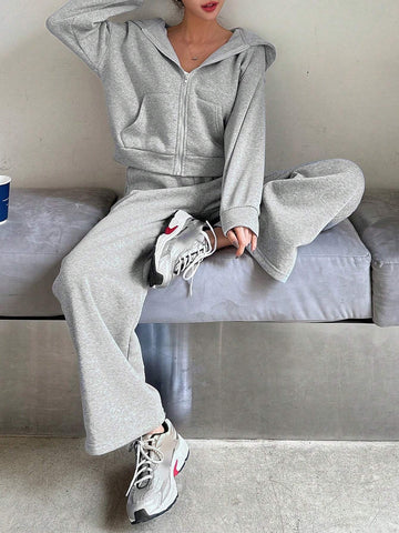 DAZY 2pcs Solid Color Loose Fit Sweatshirt And Wide Leg Pants Set For Women DAZY 2pcs Solid Color Loose Fit Sweatshirt And Wide Leg Pants Set For Women