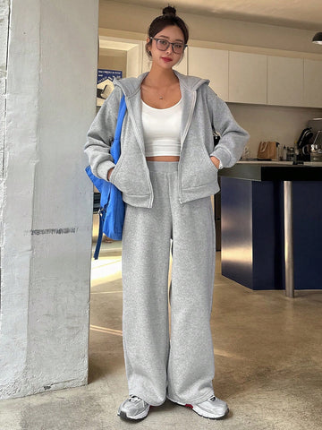 DAZY 2pcs Solid Color Loose Fit Sweatshirt And Wide Leg Pants Set For Women DAZY 2pcs Solid Color Loose Fit Sweatshirt And Wide Leg Pants Set For Women