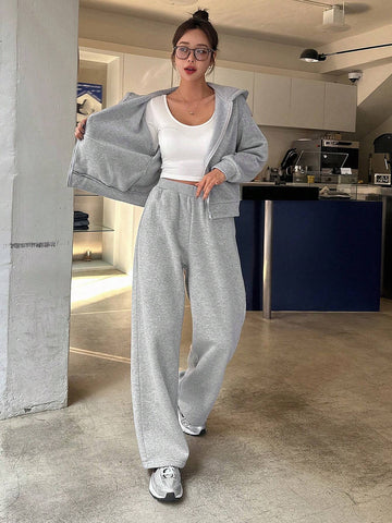 DAZY 2pcs Solid Color Loose Fit Sweatshirt And Wide Leg Pants Set For Women DAZY 2pcs Solid Color Loose Fit Sweatshirt And Wide Leg Pants Set For Women