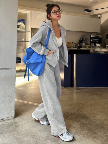 DAZY 2pcs Solid Color Loose Fit Sweatshirt And Wide Leg Pants Set For Women DAZY 2pcs Solid Color Loose Fit Sweatshirt And Wide Leg Pants Set For Women