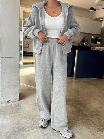 DAZY 2pcs Solid Color Loose Fit Sweatshirt And Wide Leg Pants Set For Women DAZY 2pcs Solid Color Loose Fit Sweatshirt And Wide Leg Pants Set For Women