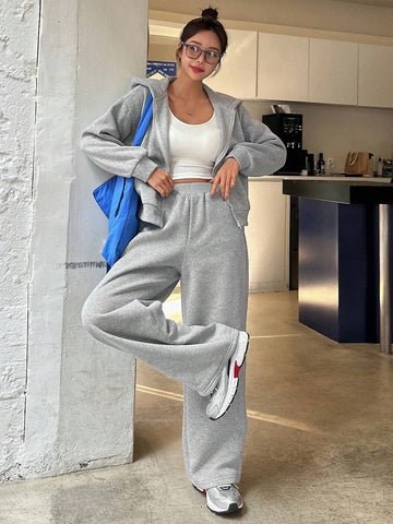 DAZY 2pcs Solid Color Loose Fit Sweatshirt And Wide Leg Pants Set For Women DAZY 2pcs Solid Color Loose Fit Sweatshirt And Wide Leg Pants Set For Women