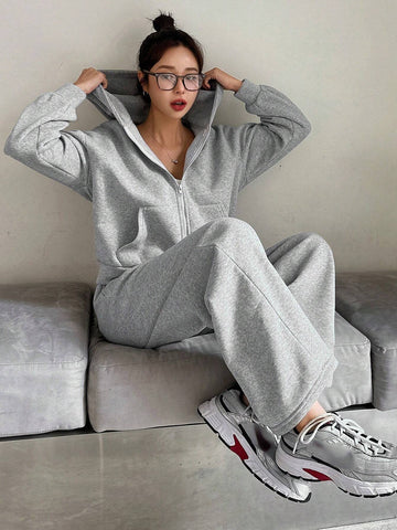 DAZY 2pcs Solid Color Loose Fit Sweatshirt And Wide Leg Pants Set For Women DAZY 2pcs Solid Color Loose Fit Sweatshirt And Wide Leg Pants Set For Women