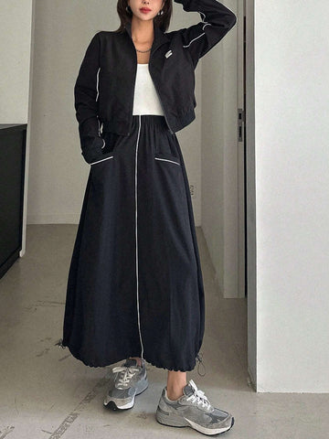 DAZY 2pcs Women Casual Set: Front Zip Long Sleeve Top And Skirt DAZY 2pcs Women Casual Set: Front Zip Long Sleeve Top And Skirt