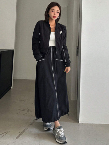 DAZY 2pcs Women Casual Set: Front Zip Long Sleeve Top And Skirt DAZY 2pcs Women Casual Set: Front Zip Long Sleeve Top And Skirt