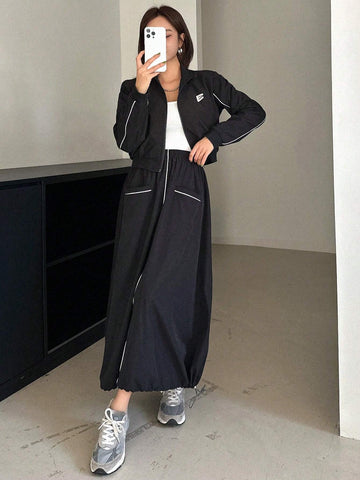 DAZY 2pcs Women Casual Set: Front Zip Long Sleeve Top And Skirt DAZY 2pcs Women Casual Set: Front Zip Long Sleeve Top And Skirt