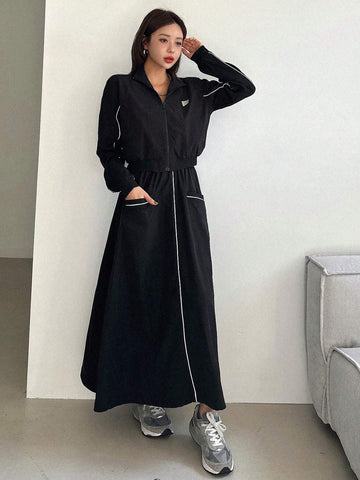 DAZY 2pcs Women Casual Set: Front Zip Long Sleeve Top And Skirt DAZY 2pcs Women Casual Set: Front Zip Long Sleeve Top And Skirt