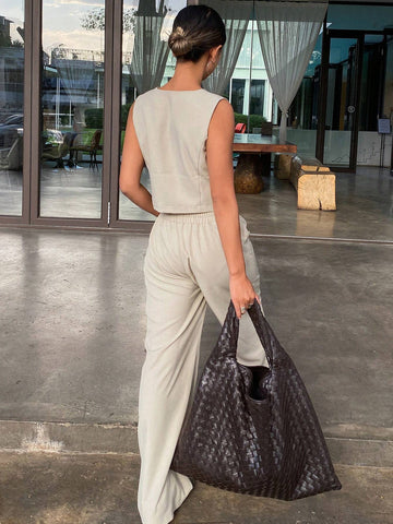 DAZY 2pcs Women Loose Vest Top And Wide Leg Pants Set In Solid Color DAZY 2pcs Women Loose Vest Top And Wide Leg Pants Set In Solid Color