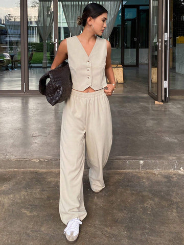 DAZY 2pcs Women Loose Vest Top And Wide Leg Pants Set In Solid Color DAZY 2pcs Women Loose Vest Top And Wide Leg Pants Set In Solid Color