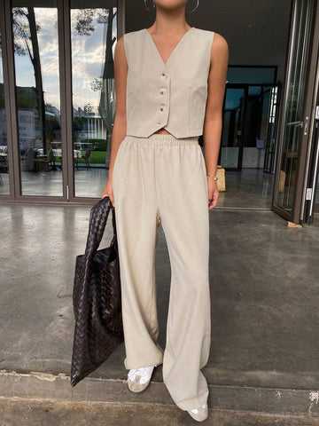 DAZY 2pcs Women Loose Vest Top And Wide Leg Pants Set In Solid Color DAZY 2pcs Women Loose Vest Top And Wide Leg Pants Set In Solid Color