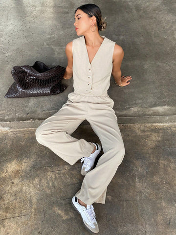 DAZY 2pcs Women Loose Vest Top And Wide Leg Pants Set In Solid Color DAZY 2pcs Women Loose Vest Top And Wide Leg Pants Set In Solid Color