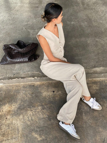 DAZY 2pcs Women Loose Vest Top And Wide Leg Pants Set In Solid Color DAZY 2pcs Women Loose Vest Top And Wide Leg Pants Set In Solid Color