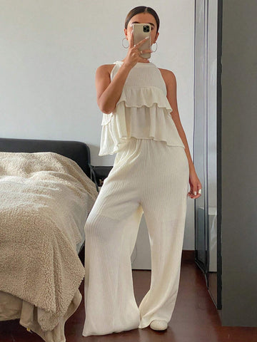 DAZY 2pcs Women Summer Ruched Halter Neck Top & Loose Pants Set DAZY 2pcs Women Summer Ruched Halter Neck Top & Loose Pants Set