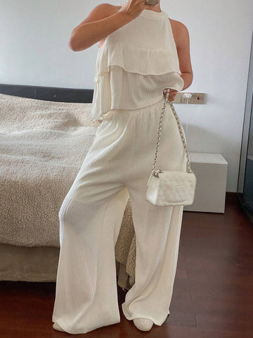 DAZY 2pcs Women Summer Ruched Halter Neck Top & Loose Pants Set DAZY 2pcs Women Summer Ruched Halter Neck Top & Loose Pants Set