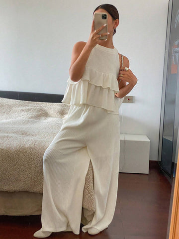 DAZY 2pcs Women Summer Ruched Halter Neck Top & Loose Pants Set DAZY 2pcs Women Summer Ruched Halter Neck Top & Loose Pants Set