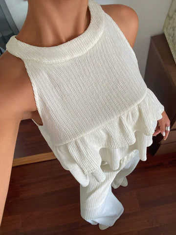 DAZY 2pcs Women Summer Ruched Halter Neck Top & Loose Pants Set DAZY 2pcs Women Summer Ruched Halter Neck Top & Loose Pants Set
