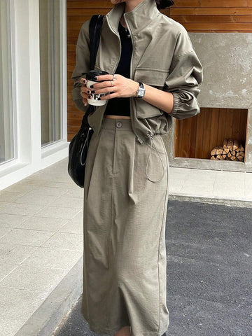 DAZY 2pcs Women's Solid Color Loose Cargo Jacket & Skirt Set DAZY 2pcs Women's Solid Color Loose Cargo Jacket & Skirt Set