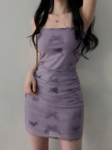 DAZY Butterfly Print Cami Dress With Ruched Bodycon Mini Dress For Women DAZY Butterfly Print Cami Dress With Ruched Bodycon Mini Dress For Women