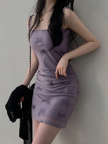 DAZY Butterfly Print Cami Dress With Ruched Bodycon Mini Dress For Women DAZY Butterfly Print Cami Dress With Ruched Bodycon Mini Dress For Women