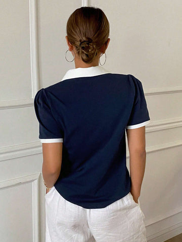 Contrast Color Polo Collar Letter Embroidered Fitted Short Sleeve T-Shirt Contrast Color Polo Collar Letter Embroidered Fitted Short Sleeve T-Shirt