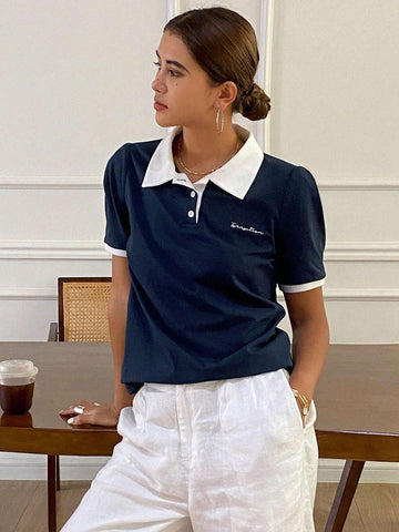 Contrast Color Polo Collar Letter Embroidered Fitted Short Sleeve T-Shirt Contrast Color Polo Collar Letter Embroidered Fitted Short Sleeve T-Shirt