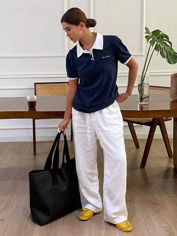 Contrast Color Polo Collar Letter Embroidered Fitted Short Sleeve T-Shirt Contrast Color Polo Collar Letter Embroidered Fitted Short Sleeve T-Shirt