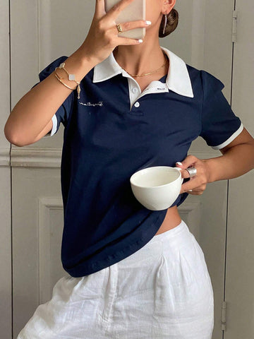 Contrast Color Polo Collar Letter Embroidered Fitted Short Sleeve T-Shirt Contrast Color Polo Collar Letter Embroidered Fitted Short Sleeve T-Shirt