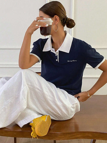Contrast Color Polo Collar Letter Embroidered Fitted Short Sleeve T-Shirt Contrast Color Polo Collar Letter Embroidered Fitted Short Sleeve T-Shirt
