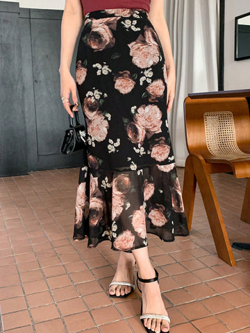DAZY Floral Print Ruffle Hem Skirt For Women, Elegant DAZY Floral Print Ruffle Hem Skirt For Women, Elegant