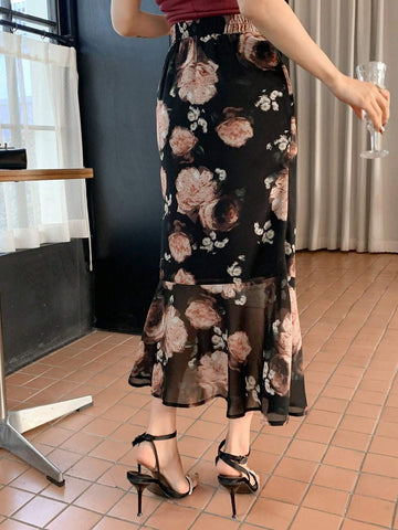 DAZY Floral Print Ruffle Hem Skirt For Women, Elegant DAZY Floral Print Ruffle Hem Skirt For Women, Elegant