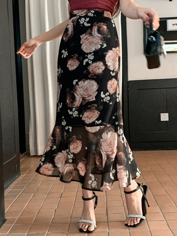 DAZY Floral Print Ruffle Hem Skirt For Women, Elegant DAZY Floral Print Ruffle Hem Skirt For Women, Elegant